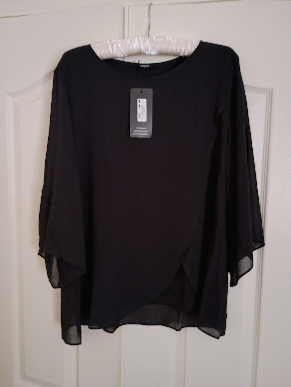 Lotusmile Black Chiffon Asymmetrical Blouse 3/4 Bell Sleeve NWT